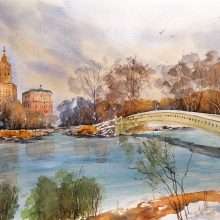 NewYork: Blick vom Central Park Richtung San Remo Building und Bow Bridge