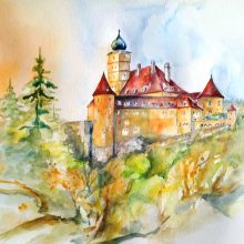 Schloss Schönbühel im Abendlicht Aquarell 30x40 3-16