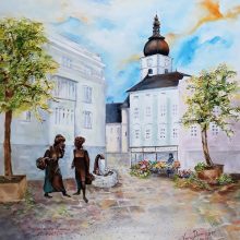 " Tratschende Weiber am Brunnen", Herrenplatz m. Dom im Hintergrund  Acryl 50x60