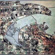 Das große Kolosseum, Acryl und Öl über Linol- und Siebdruck auf Papier, 199x281 cm, 1999