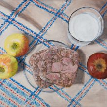 (Einkaufslisten-) Stillleben Äpfel, Milch, Preßkopf