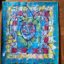 Harlekin,Karton,30x33,übermalen,Acryl,Kugeltechnik,Kohlestift,Stifte.