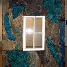 EIN::AUS::BLICKE, 2006, Installation: Materialcollage, Fenster & 4 Pflastersteine